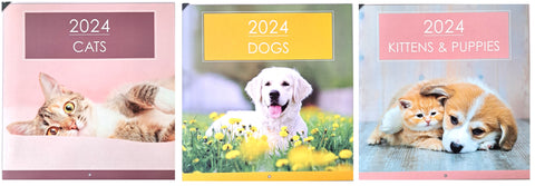 2024 Cats, Dogs, Kittens & Puppies Square Wall Calendars   Choose from 3 Options: Cats, Dogs, Kittens & Puppies New & Sealed in a Paper Sleeve - No Plastic! This Product DOES NOT contain a Gift Envelope 12 Month Calendar Size 57cm x 28cm Open Size 28.5cm x 28cm Closed Punch hole for Hanging on a wall 12 Months of cute Cats & Dogs Packed carefully in a Flat Cardboard Envelope  A beautiful animals Calendar makes a great gift for loves ones, friends and family.  Ideal for all fans of Kittens & Puppies