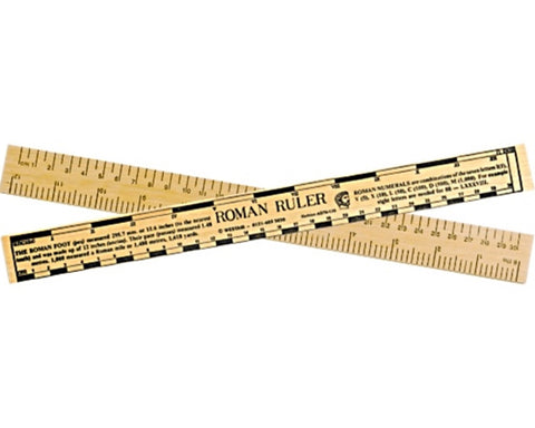 Roman Ruler   Wooden Double Sided Size: 30cm Made in the UK by Westair Reproductions Ltd   Front is a traditional ruler and the rear has Roman Measurements along with an explanation and also Roman Numerals.   Ideal for educating your Children about the Romans and ideal for School/College classes.