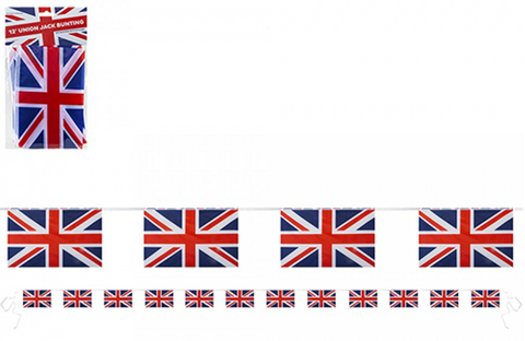 12ft Union Jack Bunting  Durable Rayon Length: 12ft Each Flag Size: 8" x 5" Celebrate the Coronation of King Charles III on 6th May 2023 with this commemorative bunting.  Ideal gift for friends and family