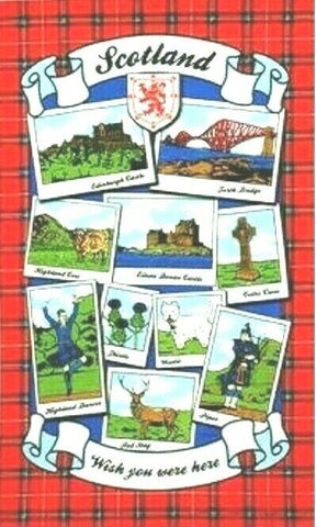 Scottish Wish You Were Here Red Tartan Bordered Cotton Tea Towel featuring many famous Scottish scenes