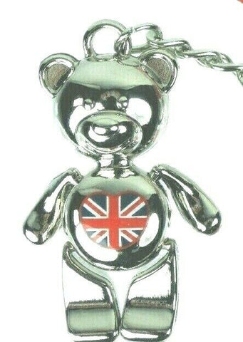 Metal Teddy Bear Keyring With Moveable Legs and Arms and a Union Jack Heart