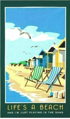 Life's A Beach And I'm Just Playing In The Sand Cotton Tea Towel with Beach Huts, Beach and Deck Chairs