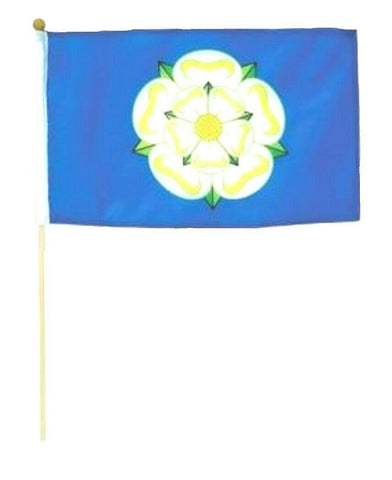 Yorkshire White Rose Hand Waving Flag on a Pole.