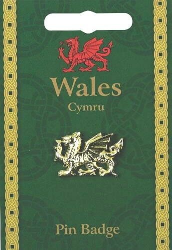Welsh Dragon Pewter Badge Pin Gold Plated on Backing Card