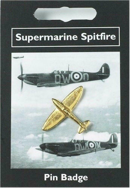 WW2 Supermarine Spitfire Pin Badge Gold Plated Pewter on backing card