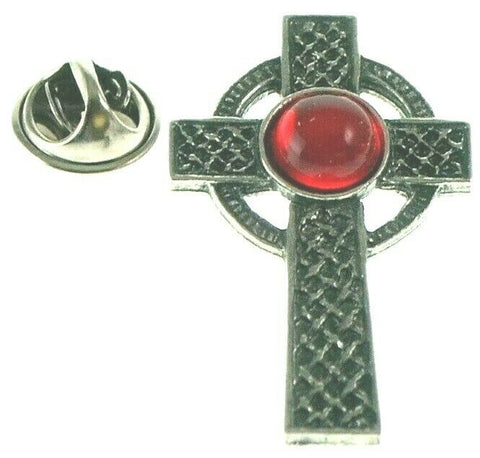 Celtic Cross Silver Pewter Badge Interlaced Red Gem