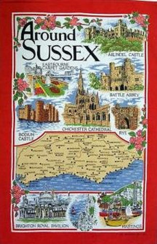 Around Sussex Tea Towel   Printed 100% Cotton Size: 80cm x 48cm approx Made by Elgate A fun tea towel featuring a map of Sussex and its famous locations and attractions  Makes an ideal Souvenir or Gift of your visit to the county or for friends and family