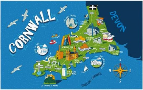 Cornwall Map Tea Towel  Printed 100% Cotton Size: 68cm x 45cm approx Made by Elgate Featuring many iconic Cornish scenes on a map, including towns and cities, Fudge, Scones and more!   Makes an ideal Souvenir of your visit to Cornwall or a gift for friends and family.