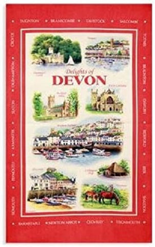 Delights of Devon Tea Towel  Printed 100% Cotton Washing Machine Safe Made by Elgate  Featuring a collage of famous locations.  Makes an ideal Souvenir or Gift of your visit to Devon or for friends and family.