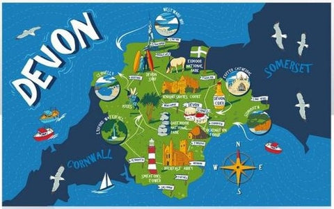 Devon Map Tea Towel Souvenir Gift Cotton Scenes Cities Scones Cider Surfing