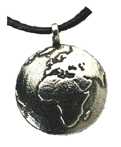 Earth Pendant  Silver Pewter Round One Sided Waxed Cord Featuring Earth from Europe, Asia and Africa with North & South America just showing on the edge Featuring Information Card New & Sealed Makes an ideal gift for all space fans.