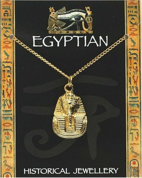 Egyptian Tutankhamun Death Mask Pendant Necklace Gold Plated On Backing Card
