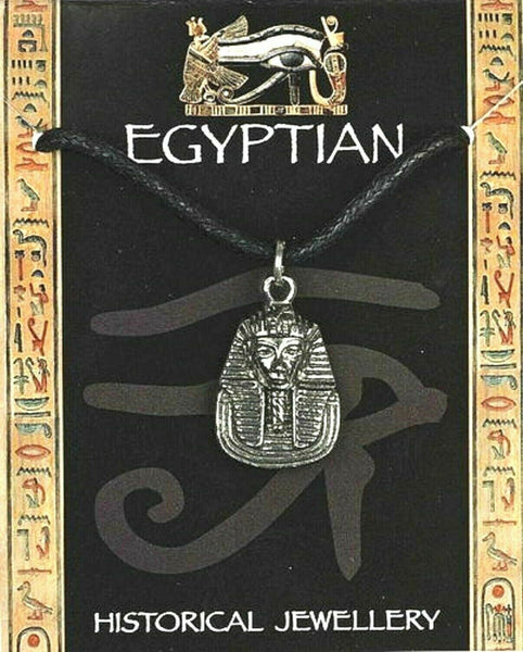 Egyptian Tutankhamun Death Mask Pendant Necklace On a Cord Silver Pewter with backing card