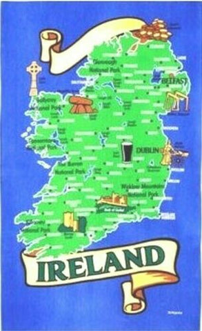 Map of Ireland Tea Towel   Printed 100% Cotton Size: 78cm x 47cm Made by Elgate  Featuring many of Ireland's towns and cities.   Makes an ideal Souvenir of your visit to Ireland or as a gift for friends and family.