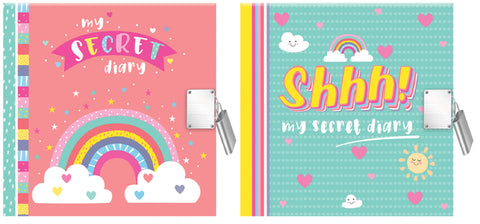 My Secret Diary  Choose from 2 Designs Pink Green Size: 14.7cm x 14.7cm x 1.4cm Made by IG Design Group Ltd Padlock & 2 Keys Sections About Me My Family My Favourite Things Clubs Holidays Things to Remember Addresses Over 150 Pages split between Date & My Notes An ideal gift for your children to help them record their daily lives