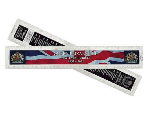 Queen Elizabeth II Platinum Jubilee Ruler   Plastic Double Sided Size: 30cm Covers: 1926 (Birth) - 2022 (Jubilee) Made in the UK by Westair Reproductions Ltd   Front is a traditional ruler and the rear has a timeline of Queen Elizabeth II from Birth.   Ideal for educating your children about British History and Queen Elizabeth II and perfect for a School history class.