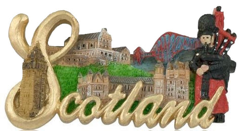 Scotland Word & Collage Fridge Magnet  Size: 8cm x 4cm approx Resin Made by Elgate  Featuring the word Scotland along with a collage of famous Scottish scenes including Edinburgh Castle, Highland Piper and Forth Railway Bridge.