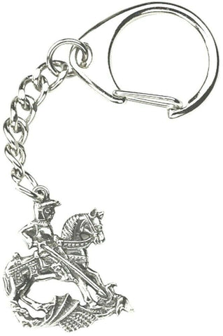 Welsh Dragon Keyring   Solid Pewter Silver Colour  St George Riding a Horse on a Dragon Size: 2.5cm x3cm (Excluding chain) Carabiner Clip Handmade in the UK by Westair Reproductions Ltd Can be attached to bags, purses, cases and more Show your pride for England & St Georges Day  Makes an ideal Souvenir for fans of St George or a gift for friends and family.