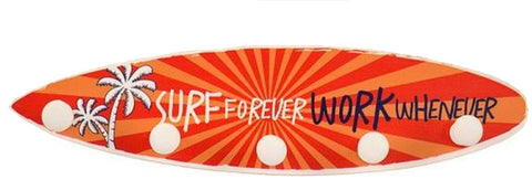 Surf Forever Work Whenever Coat Hanger   30cm x 7.5cm Wooden Hooks to mount on Door or Wall Ideal for Coats, Bags or Keys  An idea gift for Surfers or anyone who loves the seaside or beach.  
