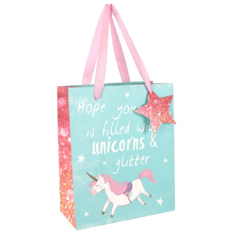UNICORNS GIFT BAG  Hope Your Day is Filled with Unicorns & Glitter Size: 23cm x 19cm x 9cm Cardboard Pink Ribbon Gift Tag Makes an ideal gift bag for girls and women.  Suitable for Birthday, Hen Party, Christmas, Weddings, Engagements and more.