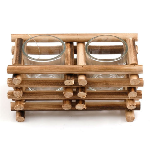 17cm Stacked Wood Double Tealight Holder