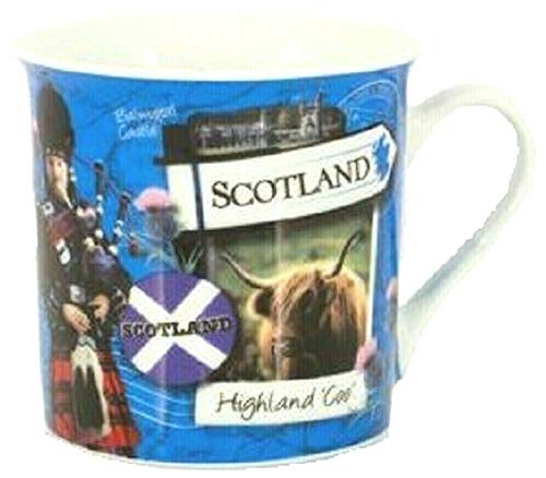 Scottish Mug Scotland Cup Scenes Highland Piper Saltire Flag Souvenir Gift Landmarks Blue