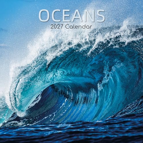 Oceans 2027 Calendar cover featuring a dramatic blue ocean wave curling under a bright sky, with the title 'OCEANS 2027 Calendar' at the top.
