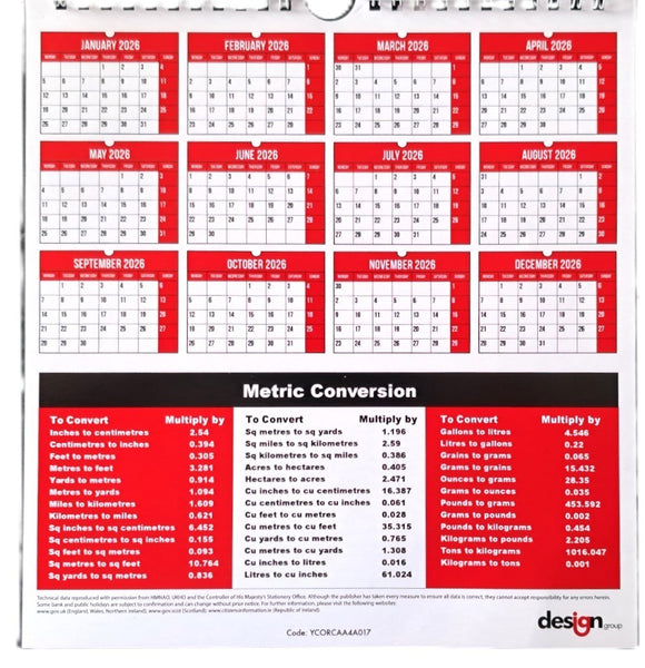 2026 Three Month to View Wall Planner Organiser Calendar Commercial Office Home