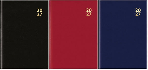 Three hardcover planners or notebooks shown side by side on a white background, labeled 2027 in gold at the top of each cover. The covers are black, red, and navy blue.