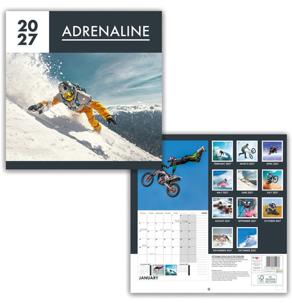 A 2027 Adrenaline wall calendar shown in two views: the front cover featuring a snowboarder on a snowy mountain, and the back cover displaying a monthly grid, event photos, and smaller image panels.