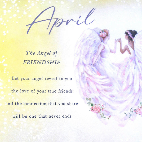 2027 Angels Tall Slim Wall Calendar April featuring a watercolor illustration of two angel figures in flowing white and pink garments, with floral accents and the text 'April The Angel of FRIENDSHIP' and a supportive message about true friends.