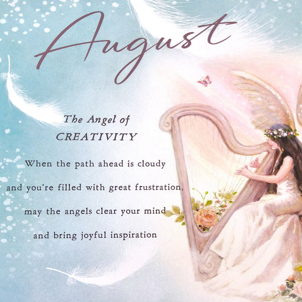 2027 Angels Tall Slim Wall Calendar August Quote with the word 'August' in large script, the phrase 'The Angel of CREATIVITY,' and a soft pastel scene of a winged angel seated beside a harp, with feathers, flowers, and a butterfly on a light blue and pink background.