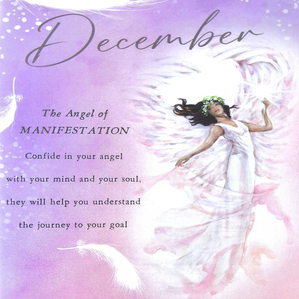 2027 Angels Tall Slim Wall Calendar December Quote featuring a pastel purple and lavender background, the word 'December' at the top, and the text 'The Angel of MANIFESTATION' with supportive copy. An illustrated angel in a flowing white dress and large white wings appears on the right, with feathers and a soft glowing background.
