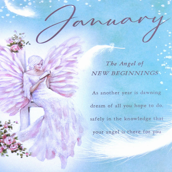 January-themed inspirational quote featuring a pastel illustration of an angel with pink wings and a white gown, seated beside decorative text that reads 'January' and 'The Angel of NEW BEGINNINGS.'.