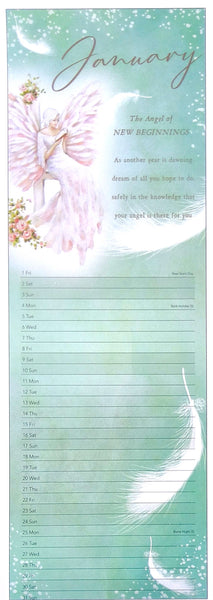 A January daily planner card featuring a pastel green background, a pink angel illustration, the word 'January' at the top, inspirational text, and a lined writing section for days of the week.