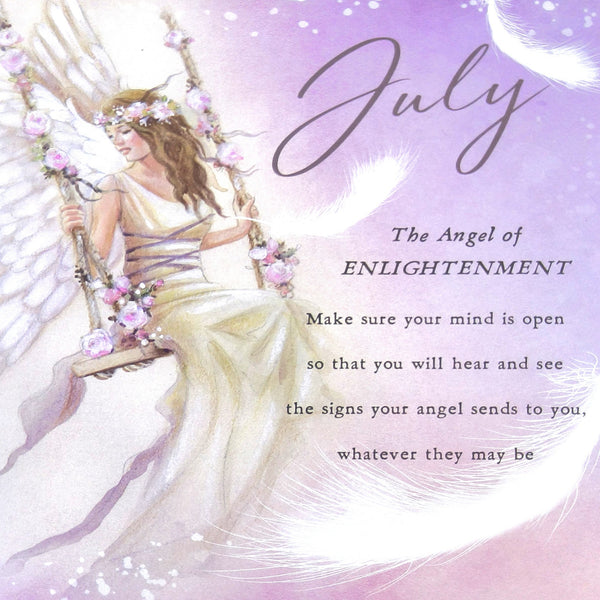 2027 Angels Tall Slim Wall Calendar July Quote featuring an illustrated angel seated on a swing with flowers and wings, alongside the text 'July' and 'The Angel of ENLIGHTENMENT' with a short inspirational message on a soft lavender background.