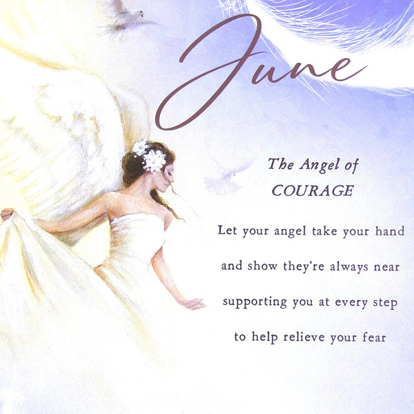 2027 Angels Tall Slim Wall Calendar June Quote with a painted angel in a white dress and wings on a pale blue background, with the word 'June' in large script and the text 'The Angel of COURAGE' plus a supportive message. 