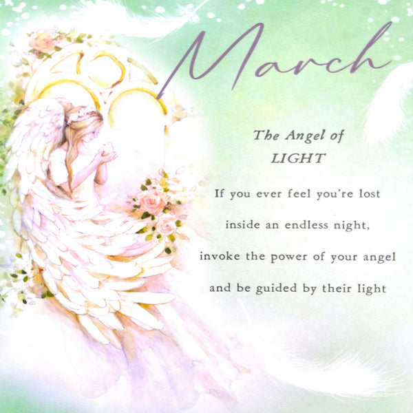 2027 Angels Tall Slim Wall Calendar March featuring a winged angel with pink flowers on the left, large purple script reading 'March' at the top, and the text 'The Angel of LIGHT' followed by a comforting quote on a soft mint-green background.