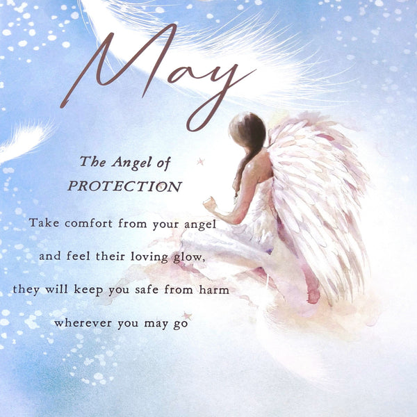 2027 Angels Tall Slim Wall Calendar May Quote design with a watercolor-style illustration of a white-winged angel seated on soft clouds, with the word 'May' at the top and the text 'The Angel of PROTECTION' and a comforting message below on a pale blue background.