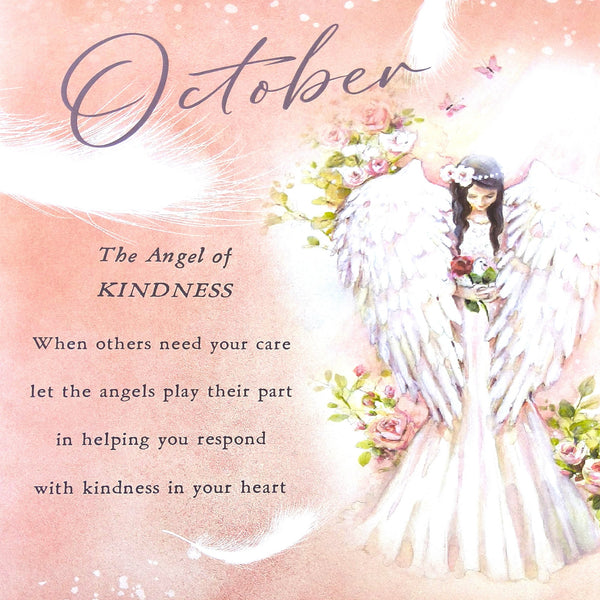 2027 Angels Tall Slim Wall Calendar October Quote with a soft pink watercolor background, the word 'October' at the top, and the text 'The Angel of KINDNESS' followed by a message about kindness. The right side shows an illustrated angel with large white wings, dark hair, and pink flowers.