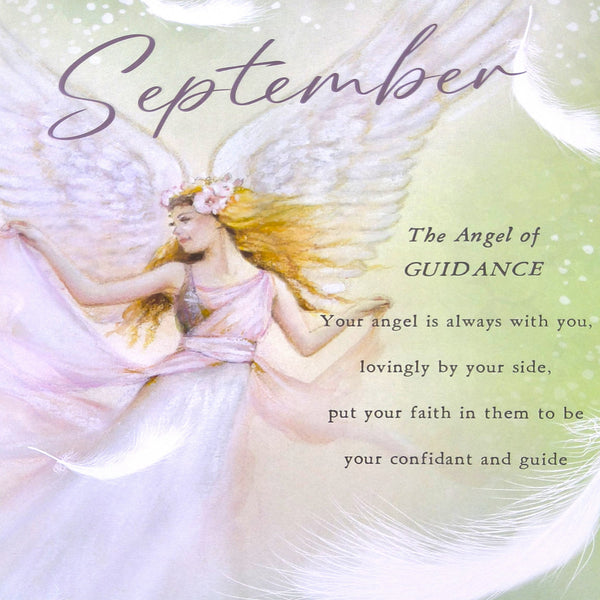 2027 Angels Tall Slim Wall Calendar September Quote featuring an angel with large white wings and a pink dress, with the text 'September' and 'The Angel of GUIDANCE' on a soft pastel background.