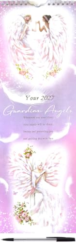 A spiral-bound 2027 Guardian Angels calendar page featuring two angel illustrations with large white wings on a soft pink and lavender background, with the text 'Your 2027 Guardian Angels' and a small black pen visible at the bottom.