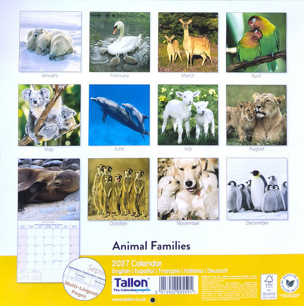Back cover of a 2027 wall calendar showing 12 monthly animal family photographs arranged in a grid on a white background with a yellow footer. Visible text includes 'Animal Families', '2027 Calendar', and the Tallon brand.