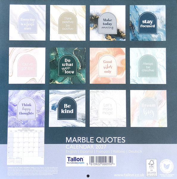 Back cover of a Tallon brand 2027 wall calendar titled 'Marble Quotes'. The cover features a grid of twelve different marble-patterned quotes in pastel and dark tones, with a small sample monthly calendar page on the bottom left and product details at the bottom.