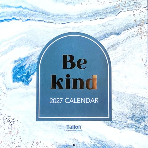 Tallon 2027 'Be Kind' calendar cover featuring a blue arched central label with black and metallic gold text, set against a white and light blue marbled background with subtle gold speckles.
