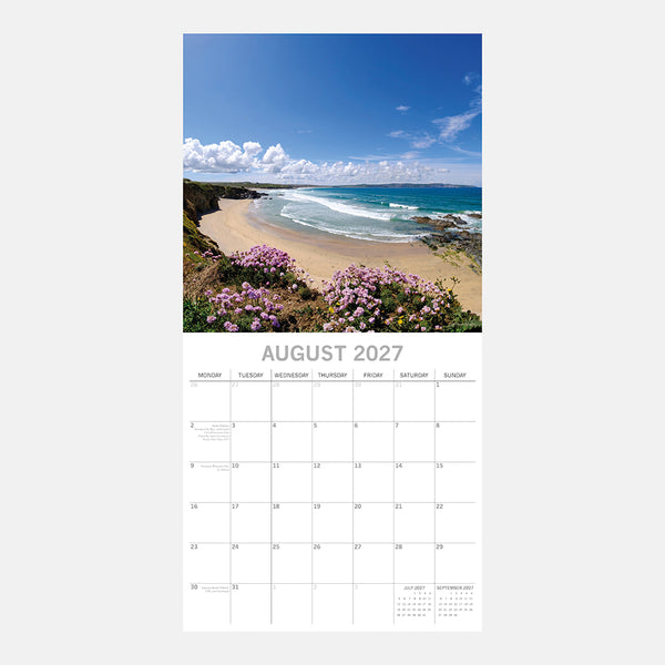 Beautiful Britain Calendar page for August 2027 with a beach and floral landscape