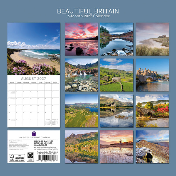 Calendar rear cover for 'Beautiful Britain' featuring scenic images of landscapes and nature.