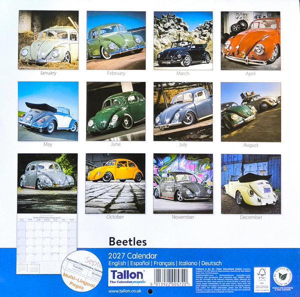 A 2027 wall calendar titled 'Beetles' featuring a grid of 12 monthly photos of classic Volkswagen Beetle cars in different colors and settings. The bottom section includes a blue band with the brand name Tallon, a small sample monthly page, and barcode details.