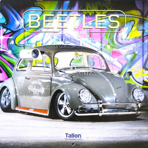 A square wall calendar cover featuring a gray customized Volkswagen Beetle in front of a colorful graffiti wall. The title 'BEETLES' appears at the top, with 'Tallon The Calendar Company' at the bottom.