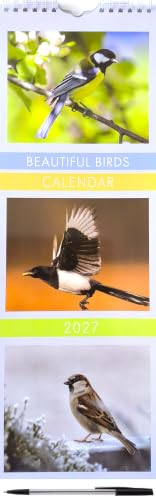 A vertical wall calendar page titled 'BEAUTIFUL BIRDS CALENDAR 2027' featuring three bird photographs: a black-and-white bird perched on a branch, a magpie flying, and a small brown bird on snow. The calendar has a spiral binding at the top and a black pen at the bottom.